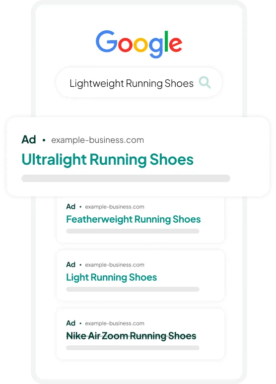 Annoncegruppen “Lightweight Running Shoes”: ultralight, featherweight og light running shoes passer; “minimalist running shoes” er streget ud, fordi det er en anden kategori, der kræver sin egen annoncegruppe