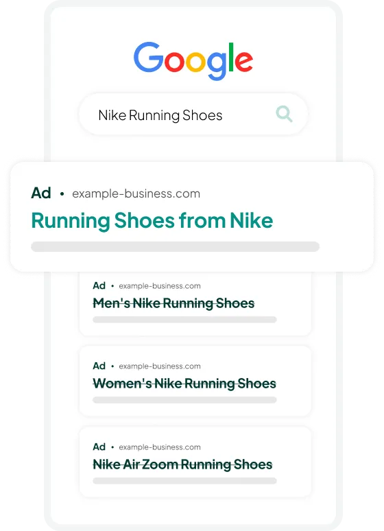 Annoncegruppen “Nike Running Shoes”: annoncen “Running Shoes from Nike” passer; “Men’s Nike Running Shoes”, “Women’s Nike Running Shoes” og “Nike Air Zoom Running Shoes” er streget ud, fordi de kræver en anden annonce og landingsside