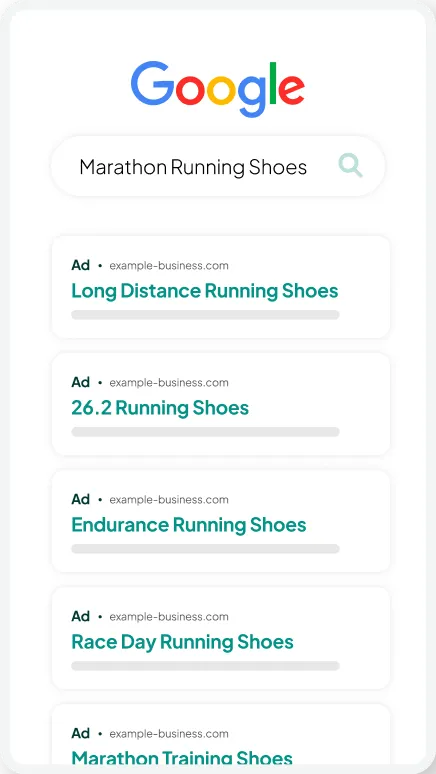 Annoncegruppen “Marathon Running Shoes”: long distance, 26.2, endurance, race day og marathon training shoes passer alle til den samme annonce og landingsside