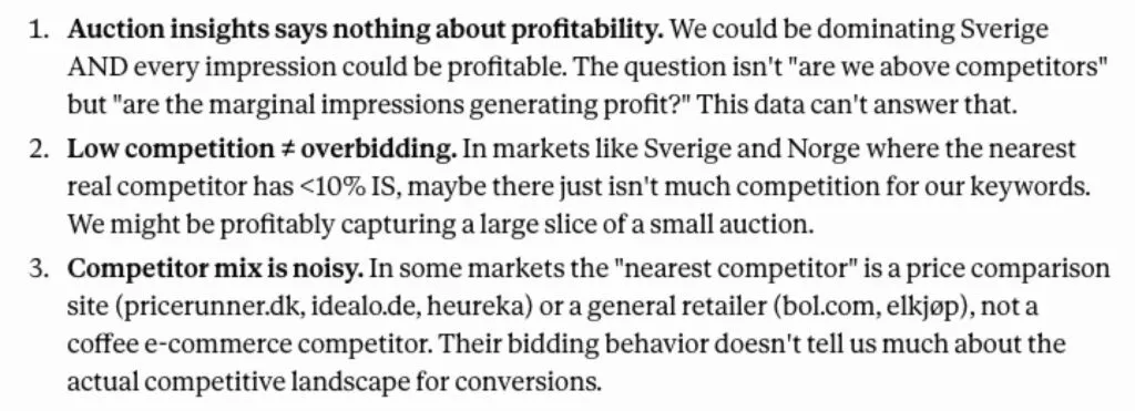 Claude’s answer: three reasons auction insights cannot show overbidding