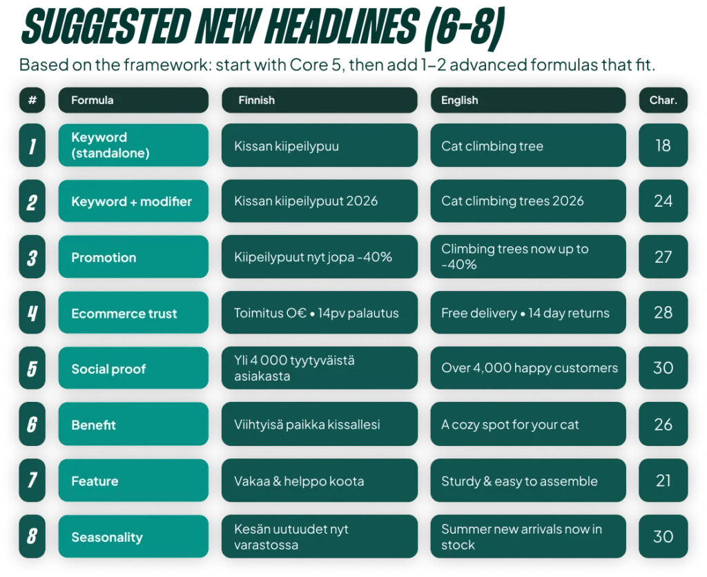 Suggested new headlines in Finnish and English, by formula
