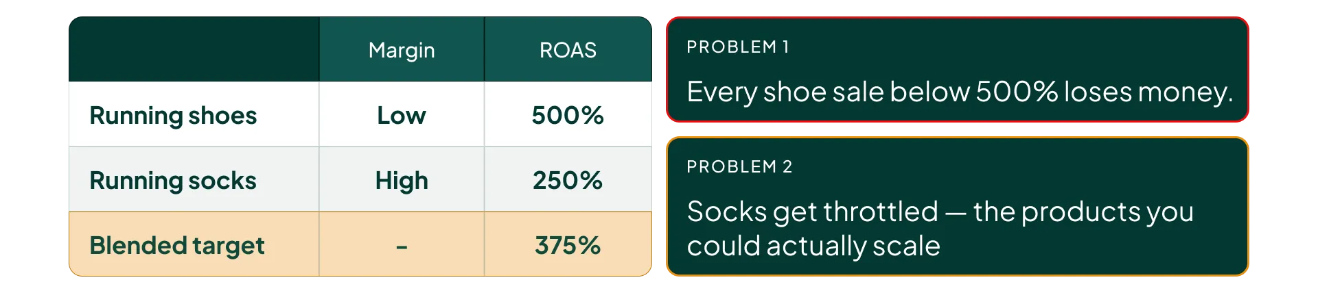 Two products side by side, running shoes and running socks, with wildly different margins but one shared ROAS target.