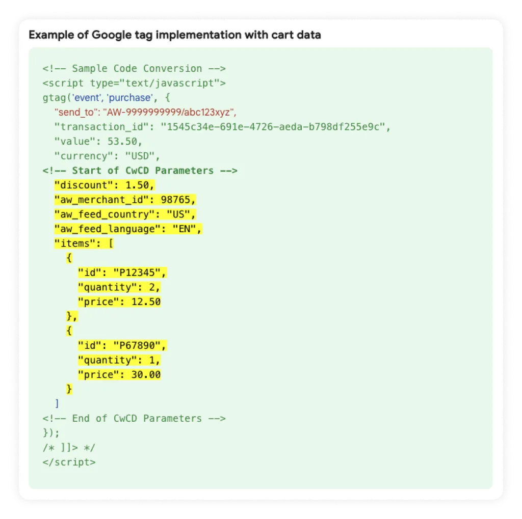 example of a script for google ads to retrieve cart data.