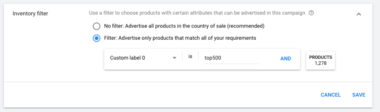 Brug inventory filtre på kampagne niveau i Google Shopping