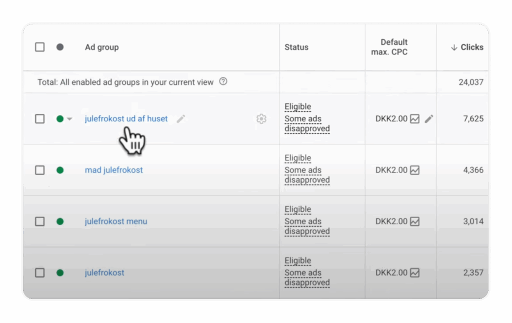 Screenshot of an outdated SCAG structure with dozens of ad groups for minor keyword variations like 'Christmas lunch menu' and 'Christmas lunch order'.