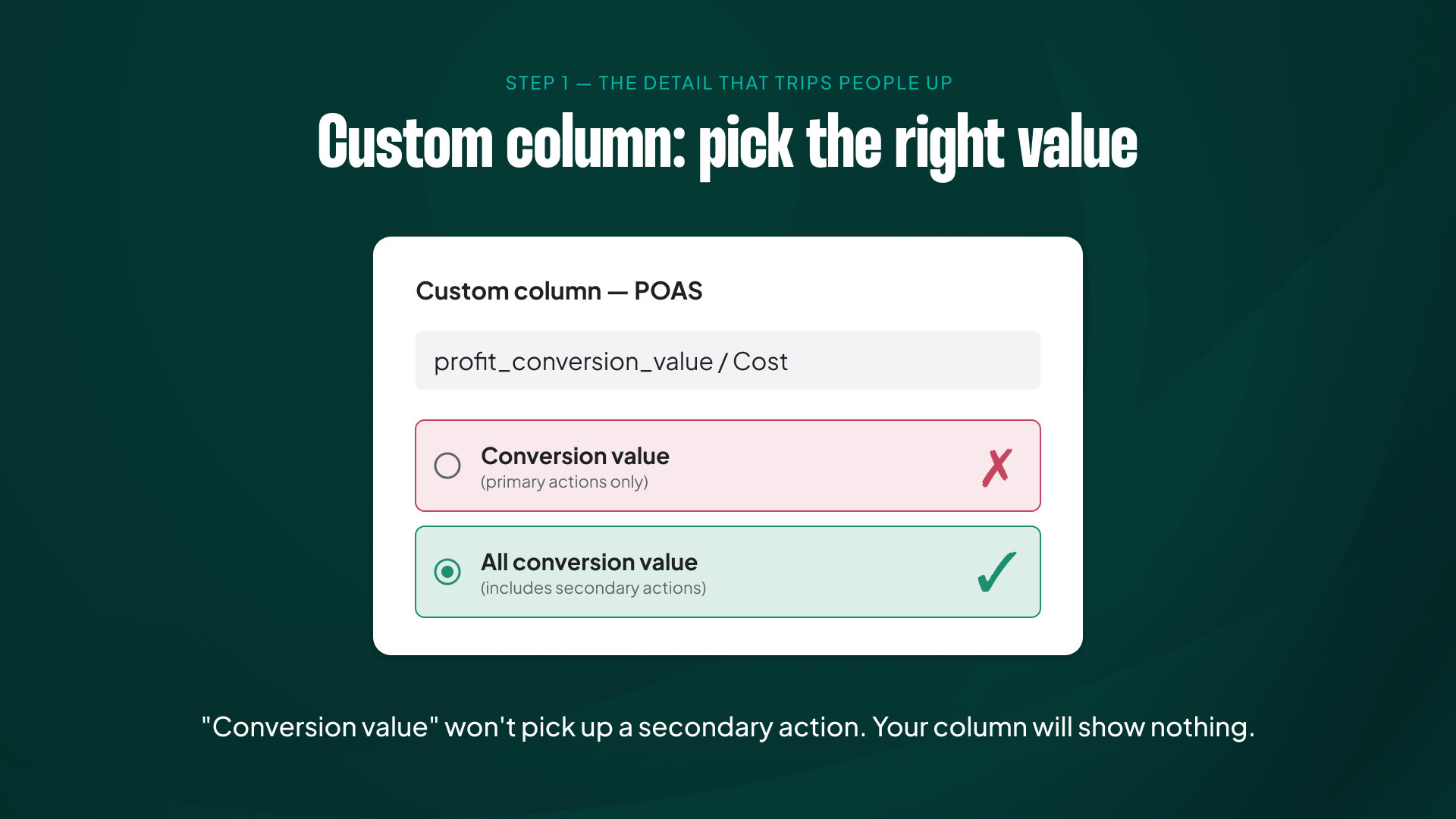 Custom column-opsætning i Google Ads, hvor formlen bruger All conversion value til at vise ROAS og POAS side om side.