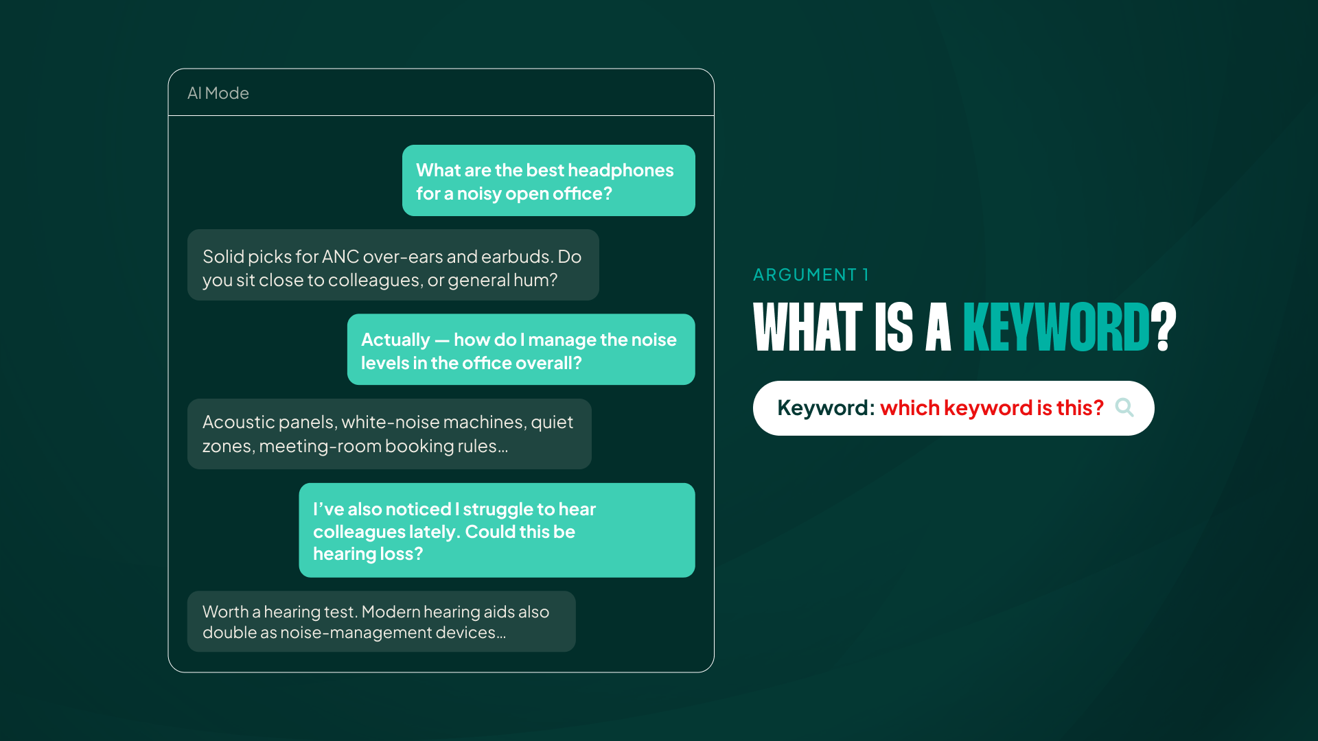 A chat thread drifting from headphones to office noise, with no clear point where the keyword actually changes.