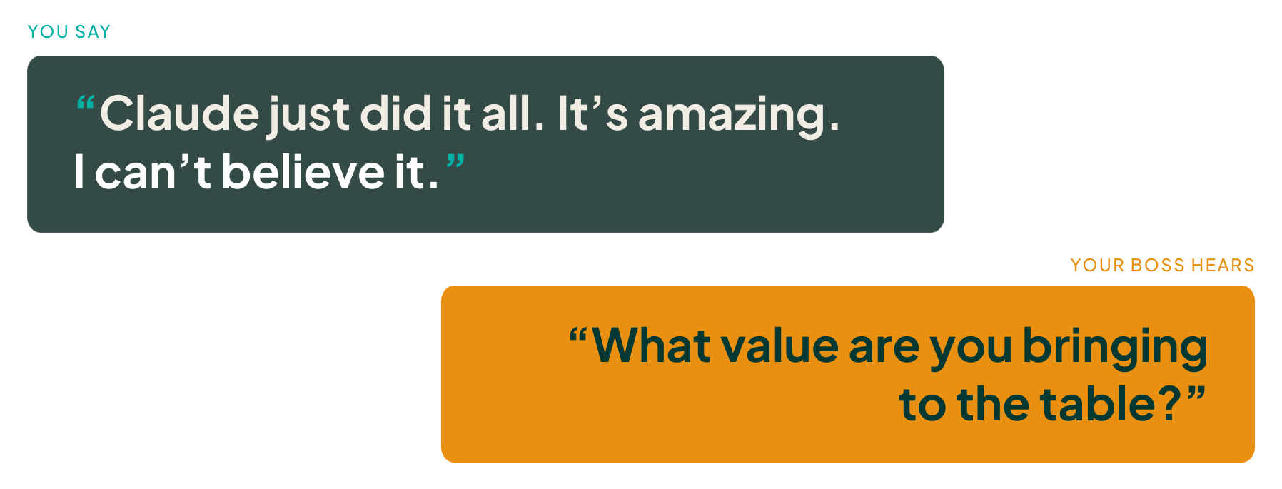 A marketer tells their boss Claude did all the work while the boss wonders what the marketer actually contributes.