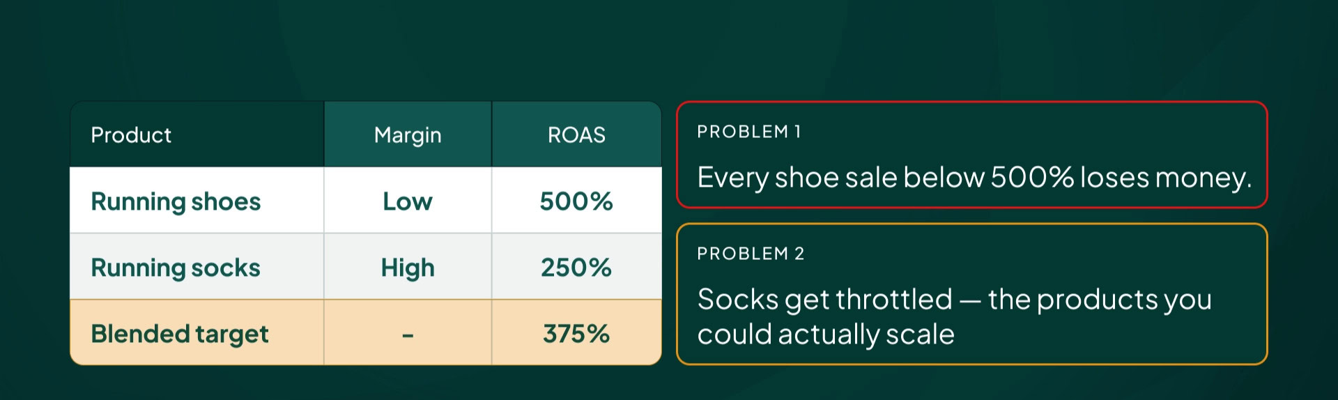 Two products side by side, running shoes and running socks, with wildly different margins but one shared ROAS target.