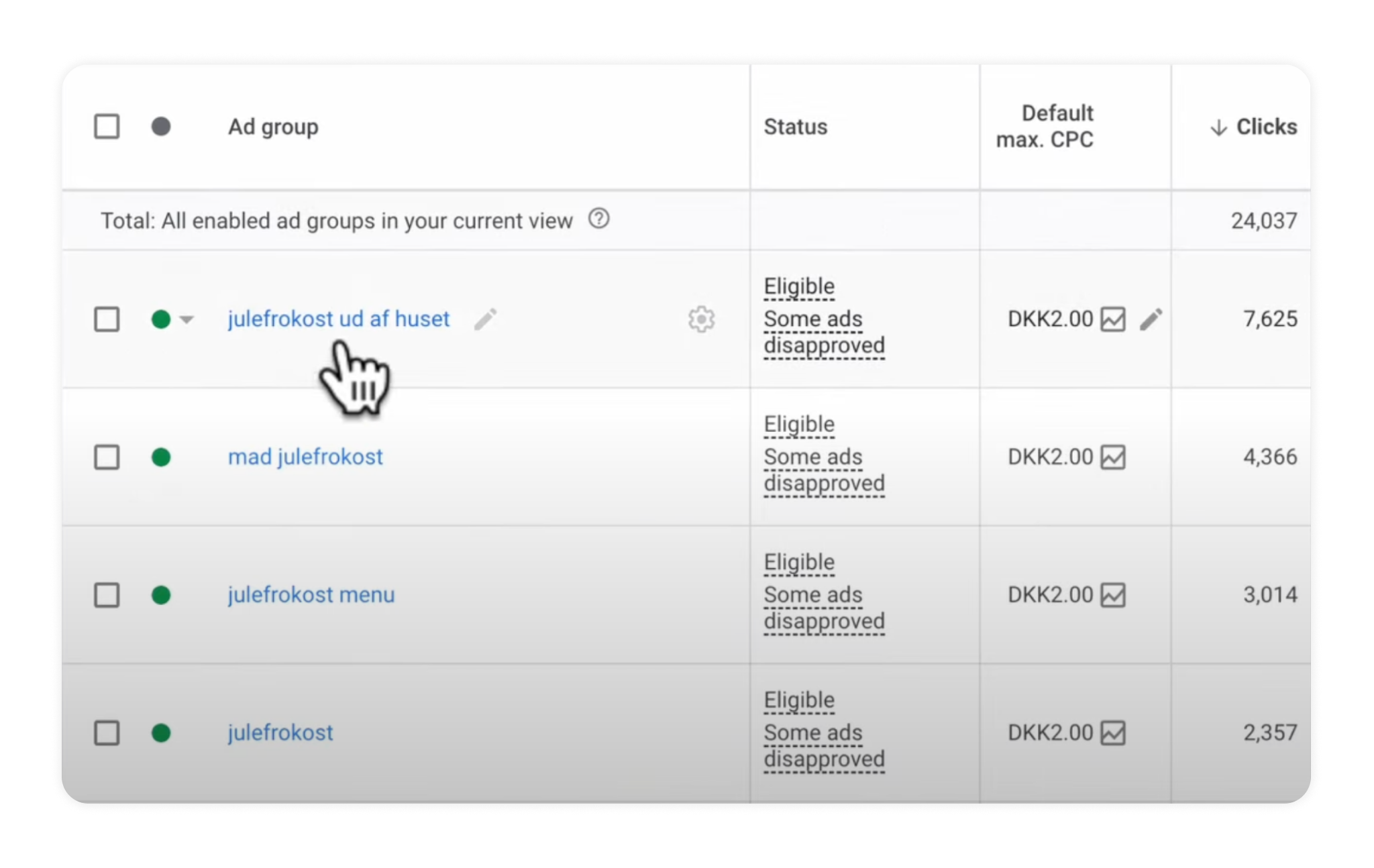 Real Danish account built with SKAGs: separate ad groups for